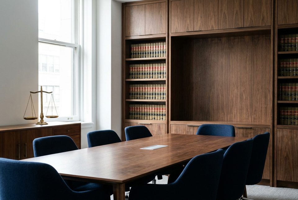 Walnut conference table and legal library in a modern law firm office