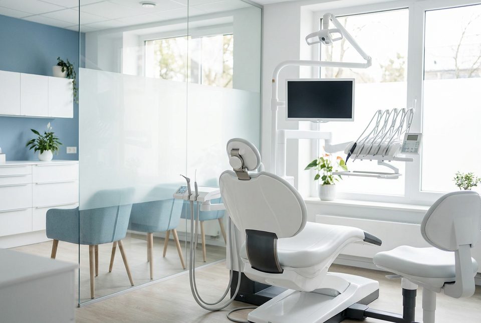 Bright modern dental clinic with a pristine treatment chair