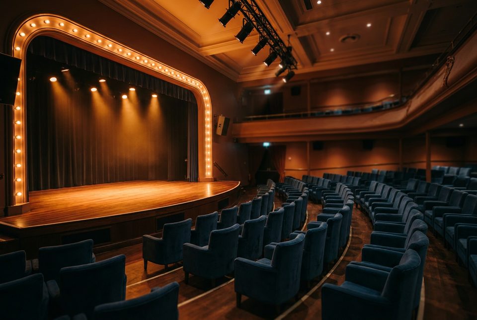 Upscale venue stage in warm spotlights with velvet seating