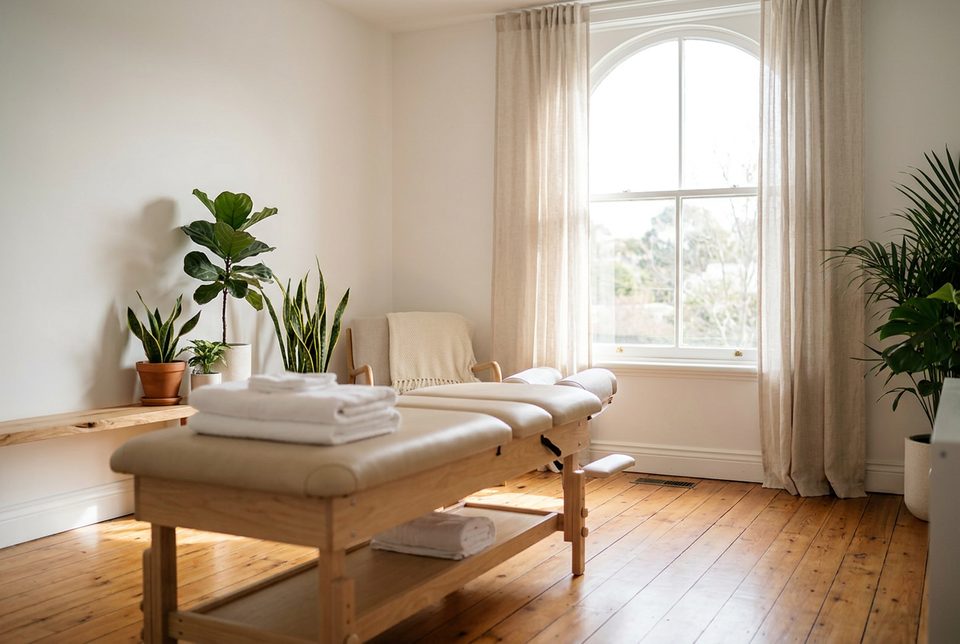 Calm chiropractic studio with adjustment table and natural light